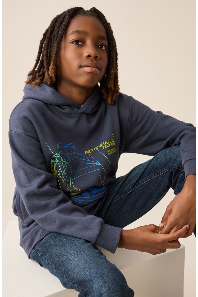 Kids' Car Cotton Blend Graphic Hoodie, Alternate, color, BLUE