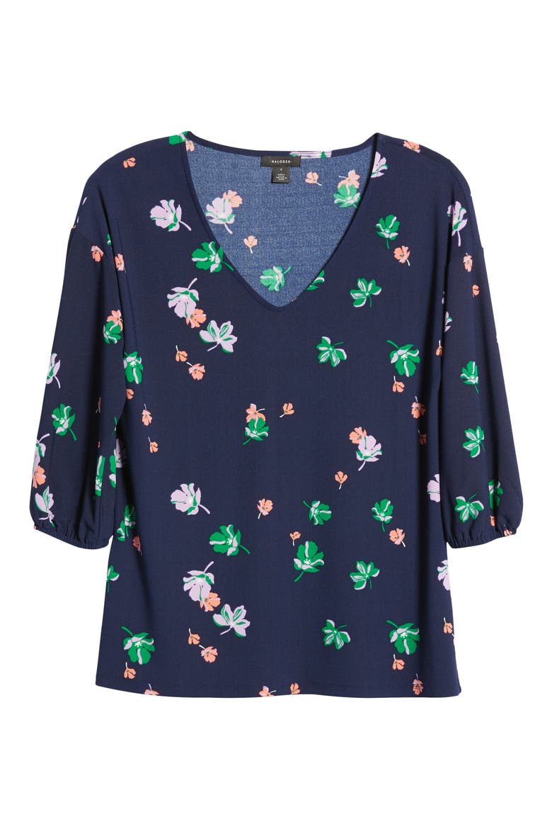 V-Neck Puff Sleeve Knit Top, Alternate, color, NAVY P DISTANT FLORAL