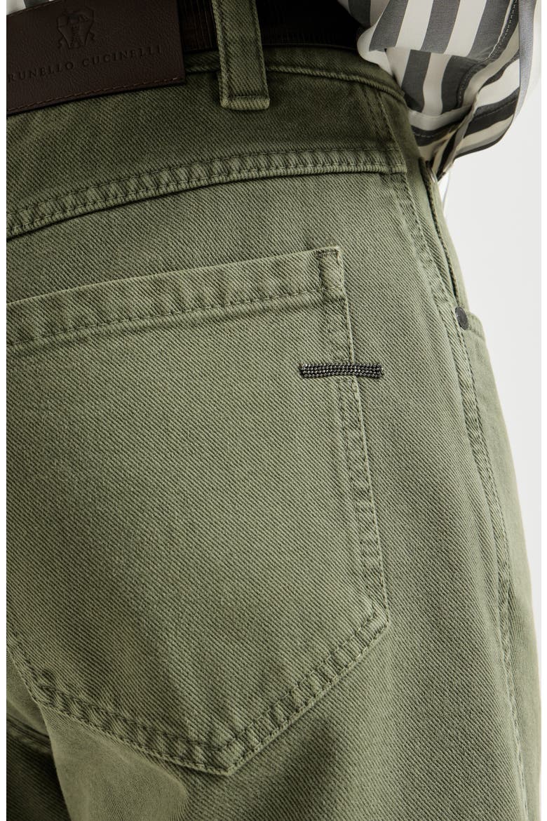Dyed denim five-pocket straight trousers with shiny bartack, Alternate, color, Green