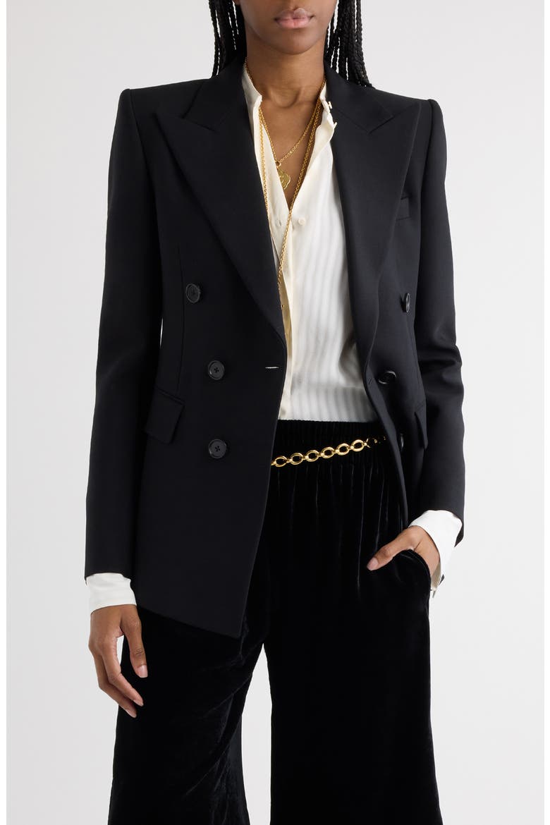 Double Breasted Virgin Wool Grain de Poudre Blazer, Main, color, BLACK