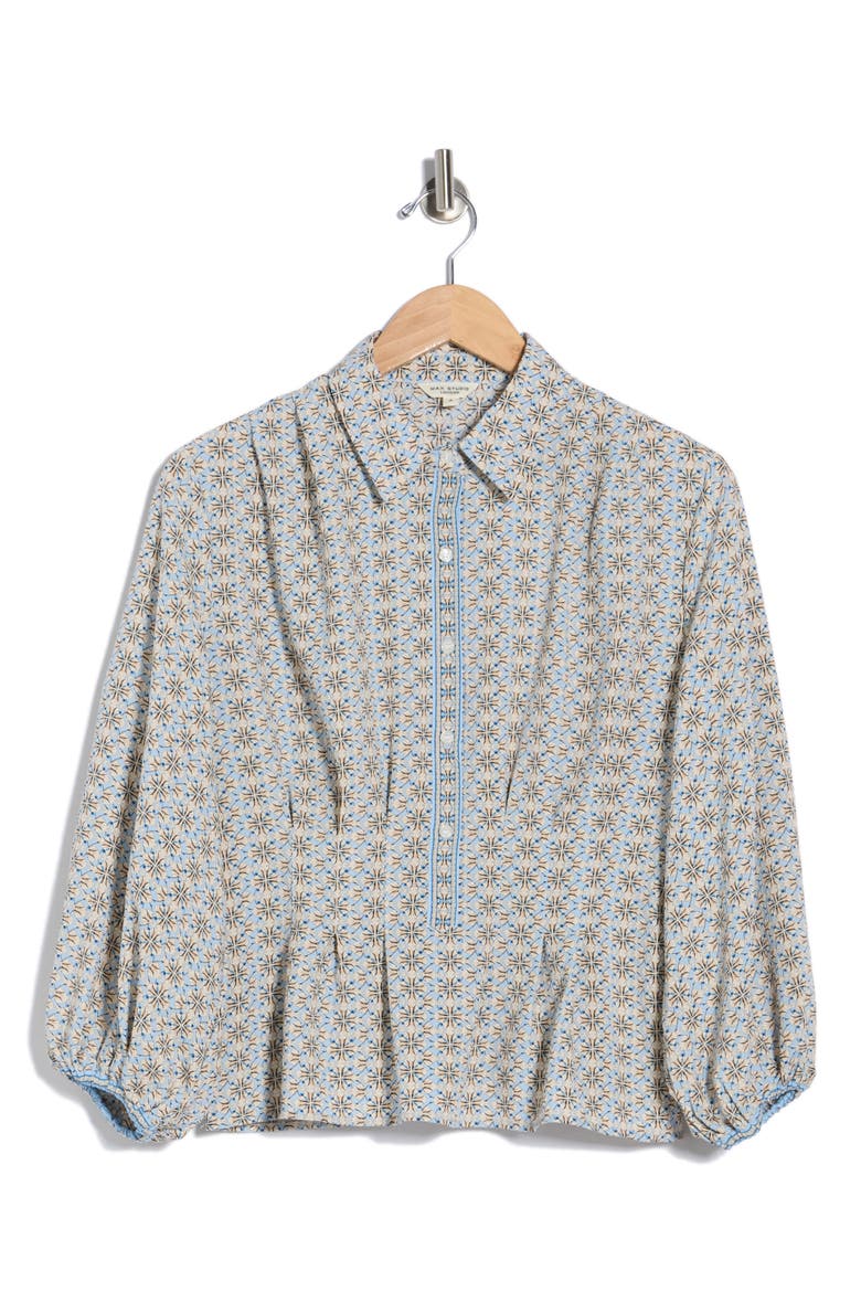 Balloon Sleeve Button-Up Peplum Top, Alternate, color, SKY FLORAL KALEIDOSCOPE