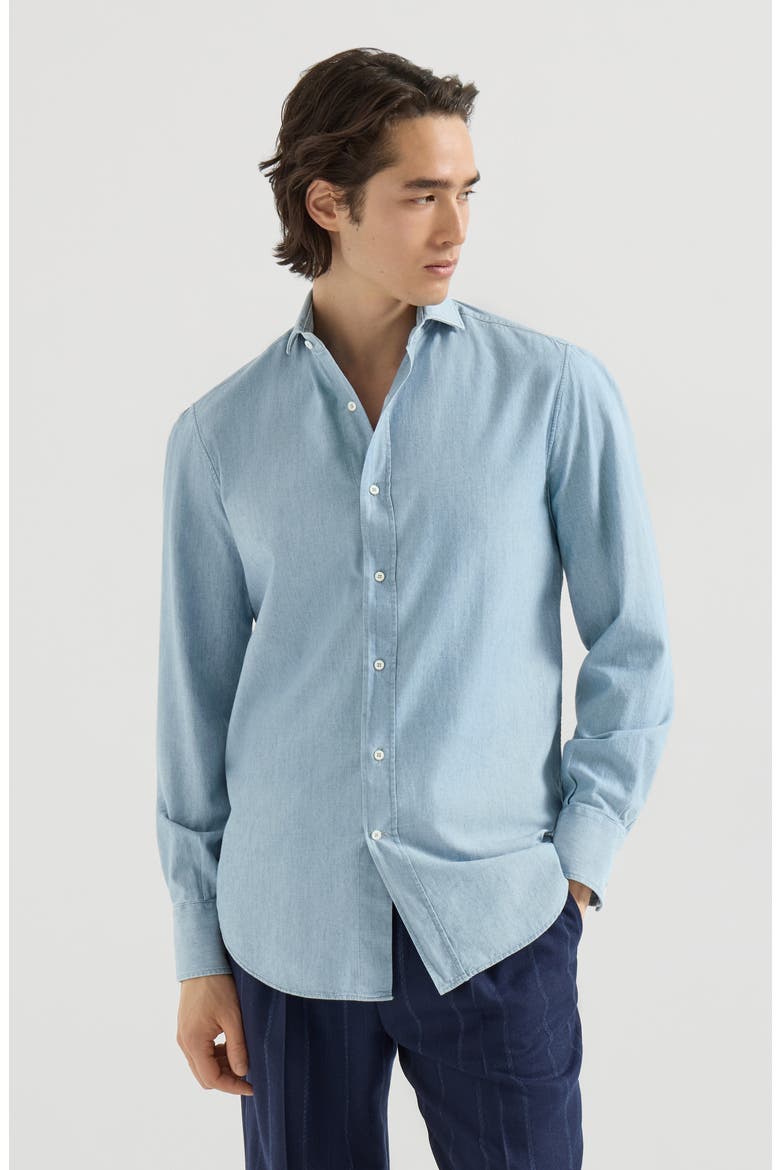Denim-effect chambray shirt with spread collar, Main, color, Medium Denim