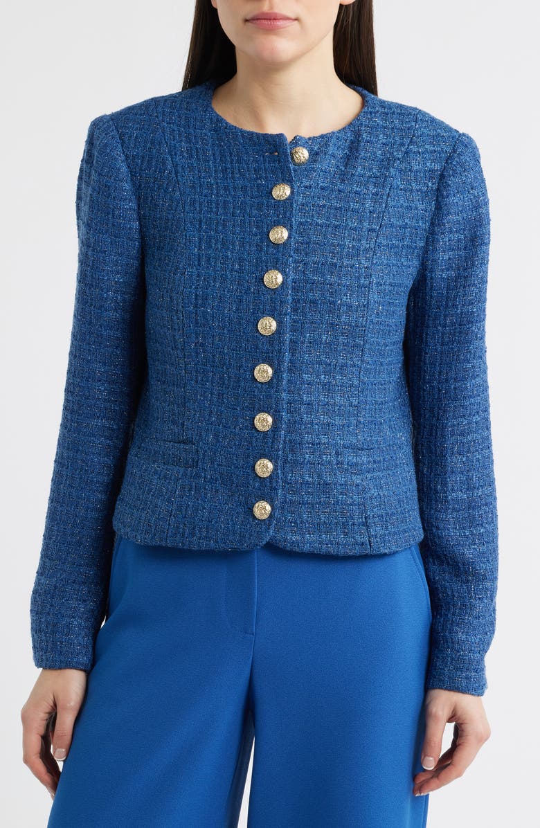 Tahari ASL Metallic Tweed Collarless Jacket, Alternate, color, Riverside Blue