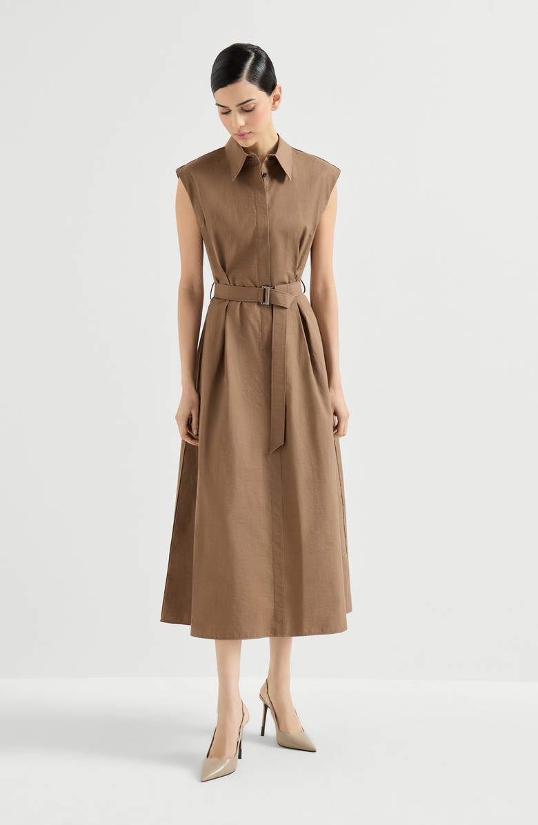 Brunello Cucinelli Texture twill Chemisier dress, Alternate, color, Brown