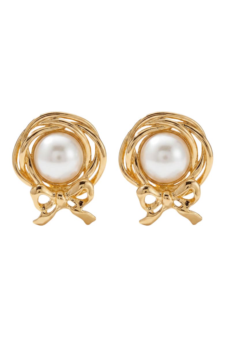 Bow Shell Pearl Clip-On Earrings, Main, color, GOLD