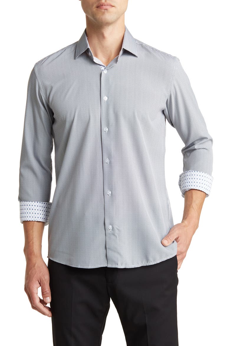 Slim Fit Geometric Print Performance Dress Shirt, Main, color, BLUE
