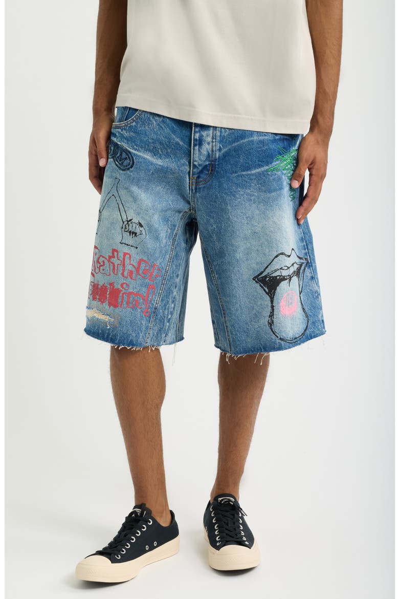 Doodle Distressed Raw Hem Denim Shorts, Main, color, INDIGO
