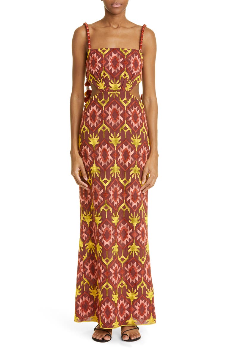 Braided History Embroidered Dress, Main, color, GEOMETRIC RED/ MUSTARD/ SALMON