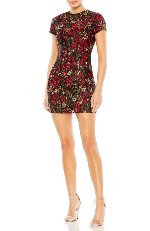 Floral Brocade Cap Sleeve Fitted Dress