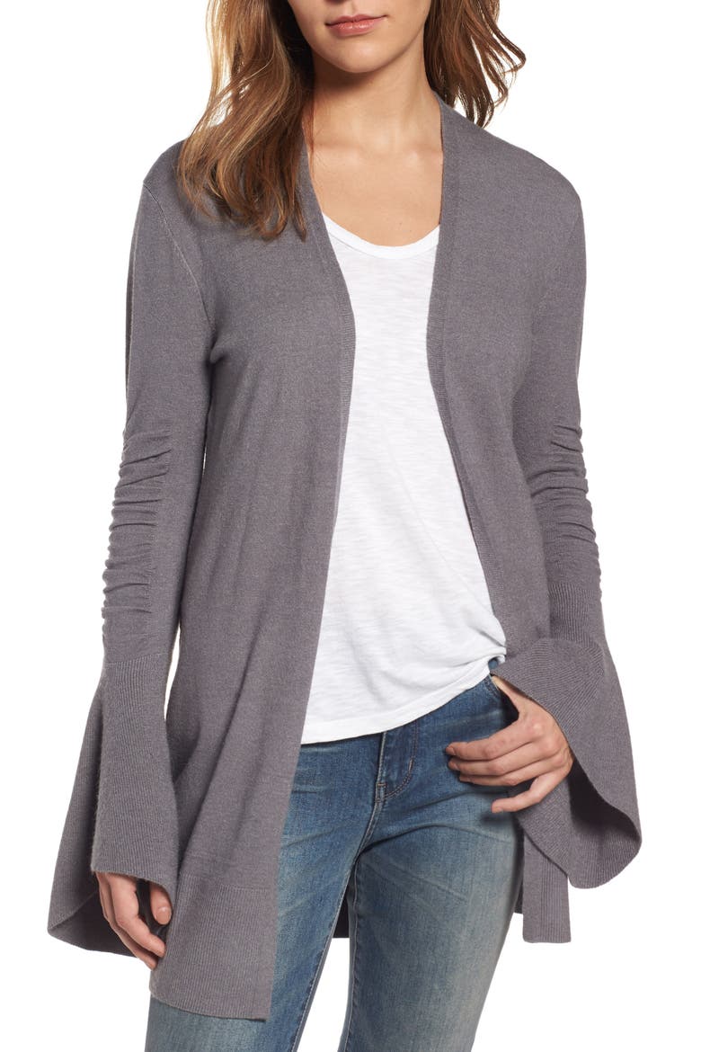 Ruched Bell Sleeve Cardigan, Main, color, GREY DARK HEATHER