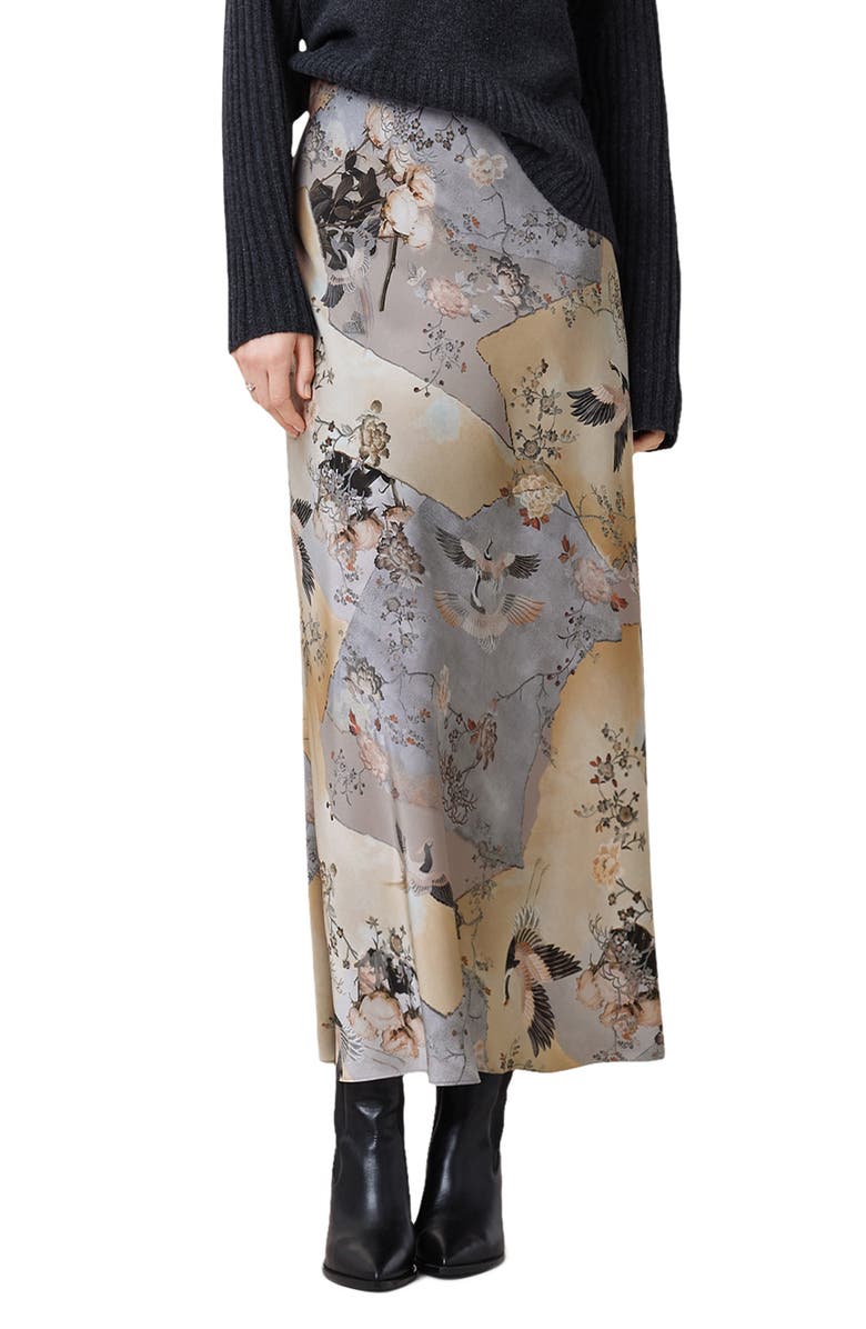 AllSaints Bryony Maxi Slipskirt, Main, color, Blue Floral Print