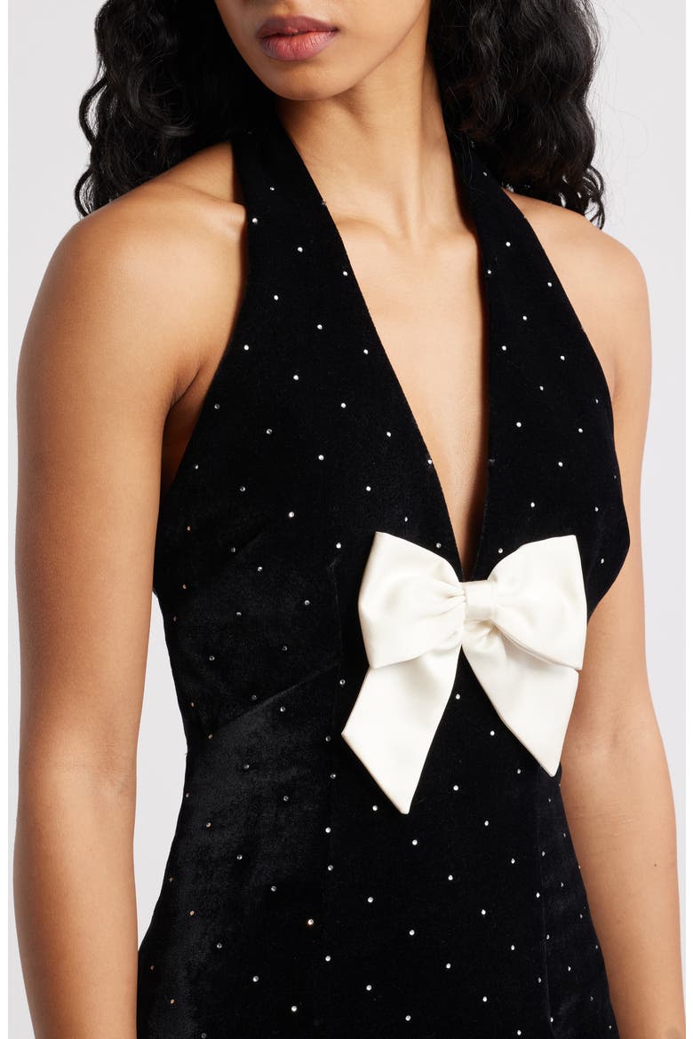 Kathy Bow & Rhinestone Halter Velvet Minidress, Alternate, color, BLACK