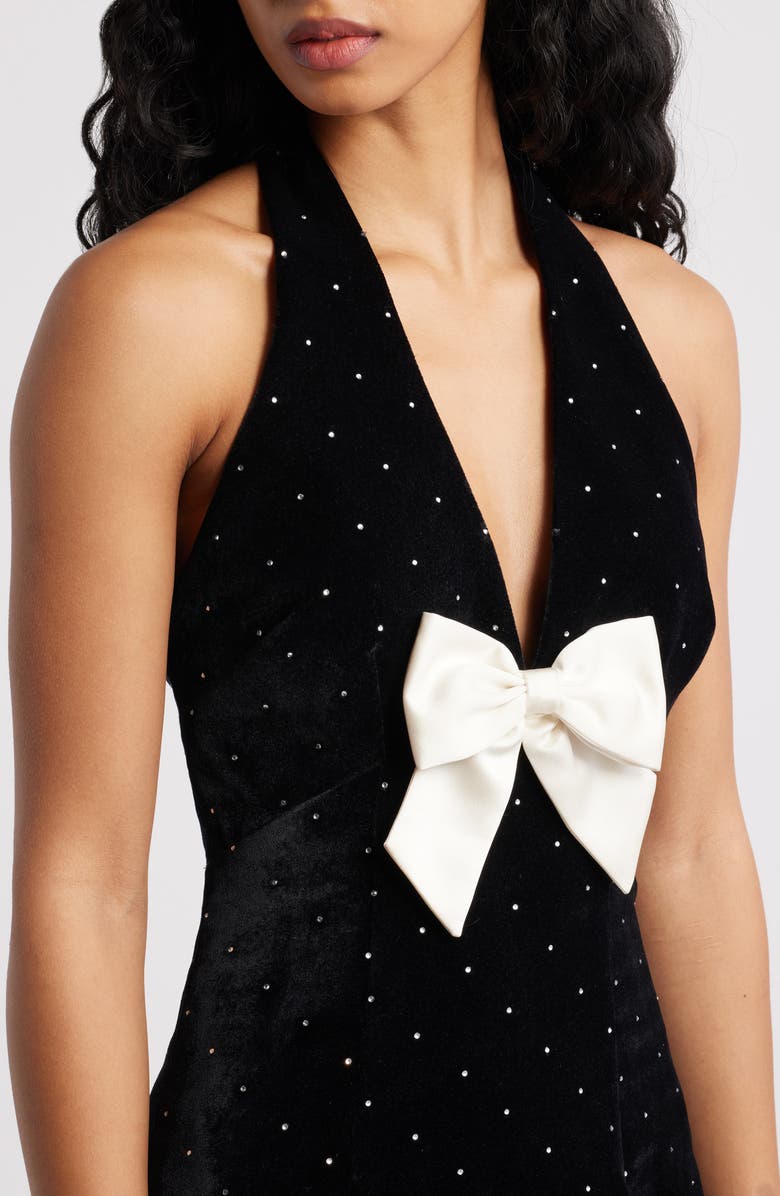 LoveShackFancy Kathy Bow & Rhinestone Halter Velvet Minidress, Alternate, color, Black