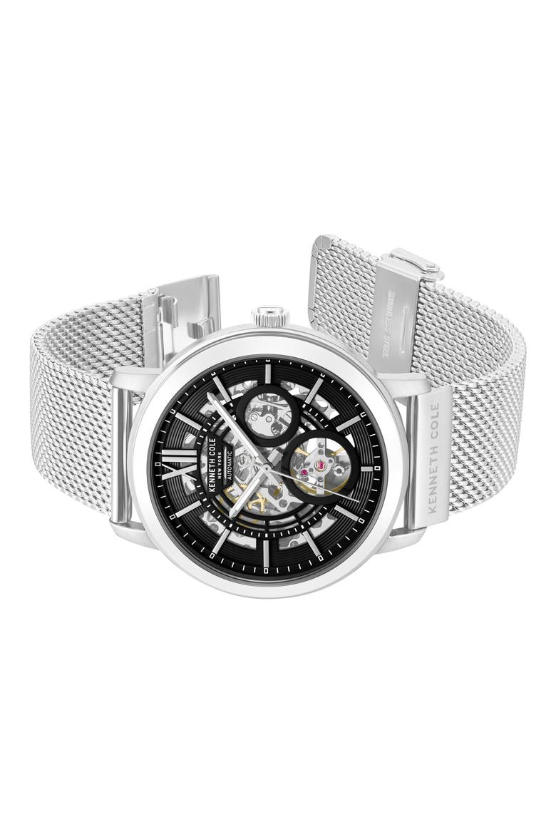 Pacific Skeleton Dial Automatic Mesh Strap Watch, 43.6mm, Alternate, color, SILVER