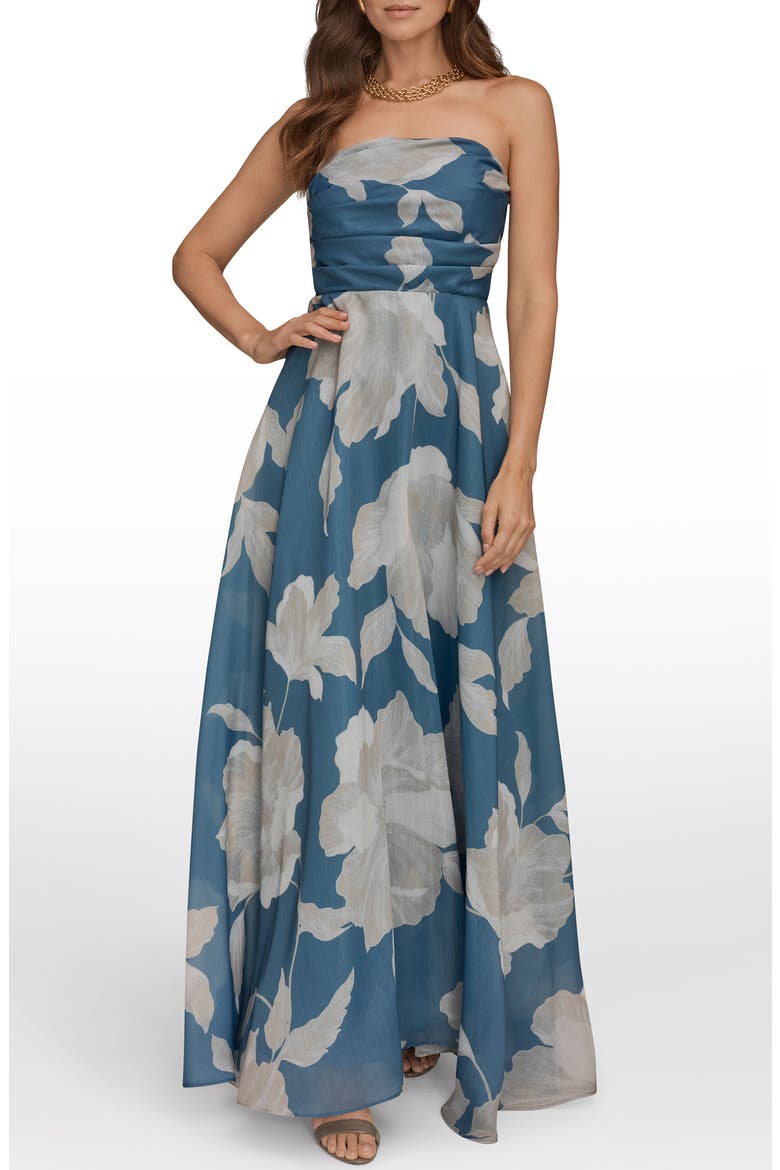 Strapless Floral Print Gown, Main, color, WASHED INDIGO/ CREAM (DIM)