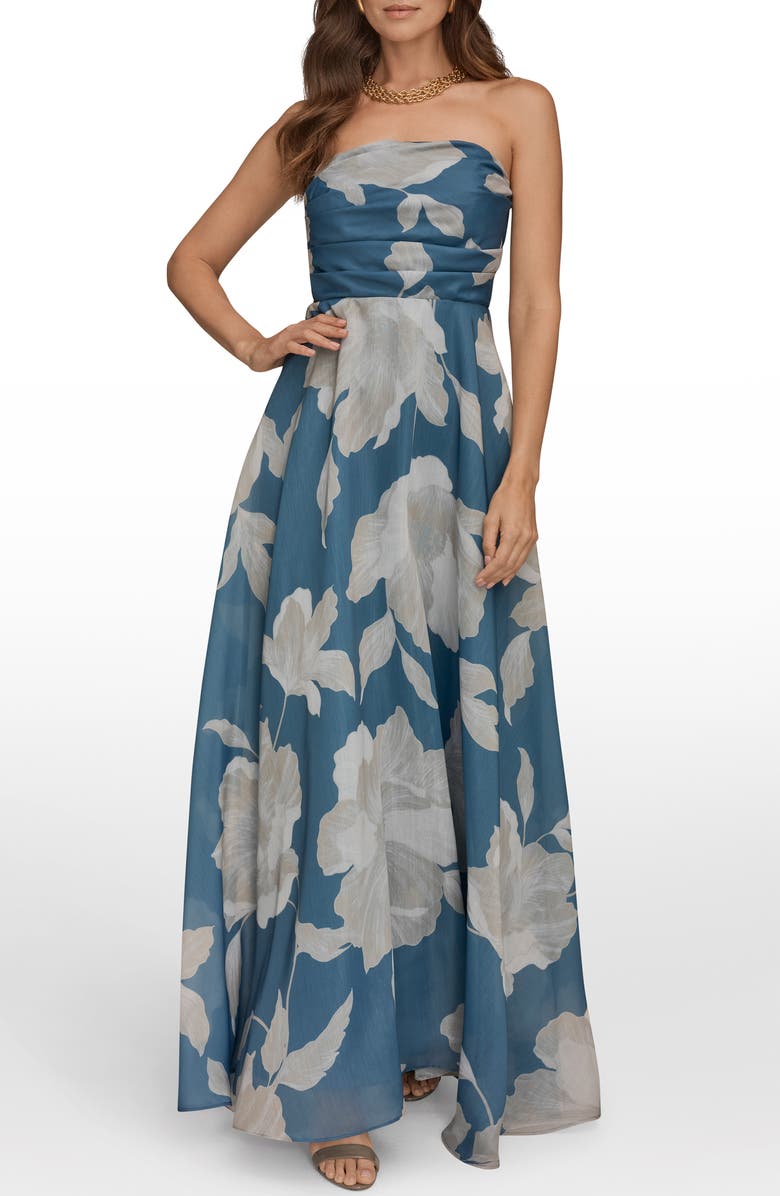 Donna Karan New York Strapless Floral Print Gown, Main, color, Washed Indigo/ Cream (Dim)