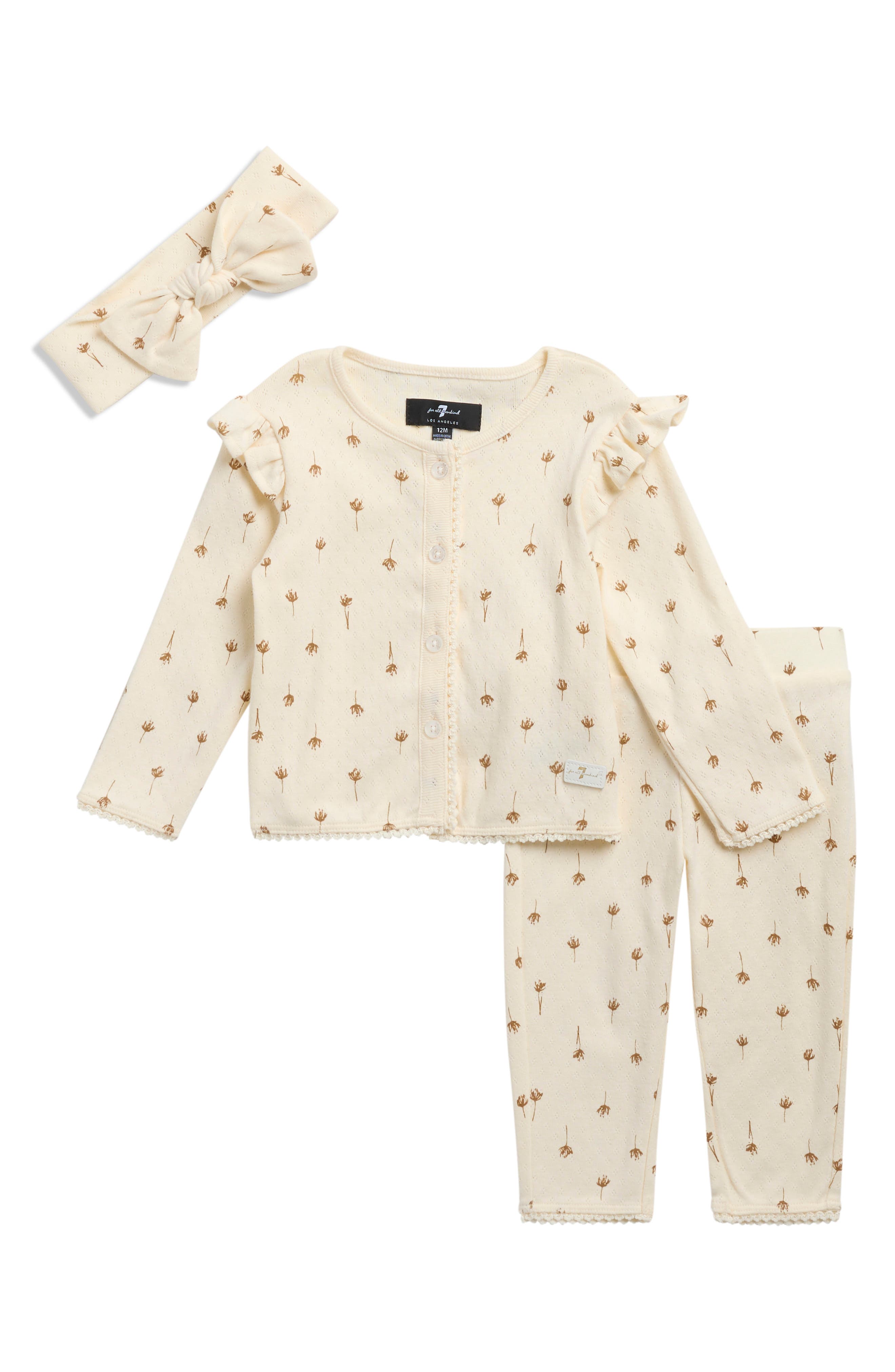 Cotton Pointelle Long Sleeve Top, Pants & Headband Set