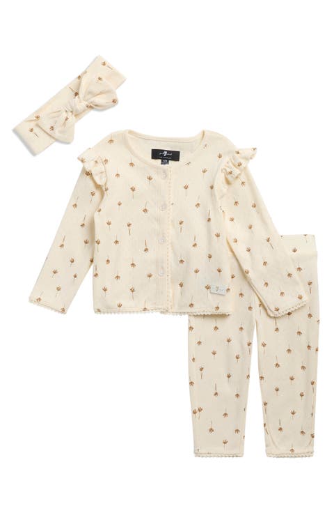 Cotton Pointelle Long Sleeve Top, Pants & Headband Set