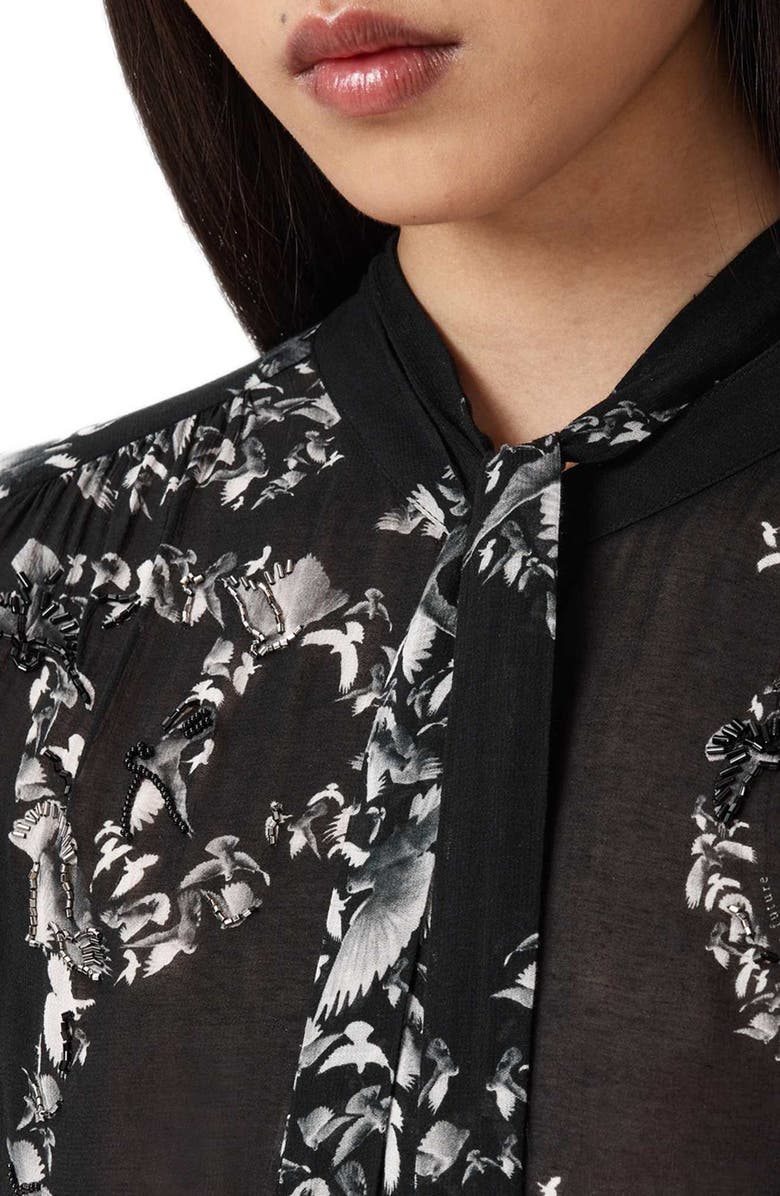 AllSaints Hilda Bird Print Button-Up Shirt, Alternate, color, Flight Black