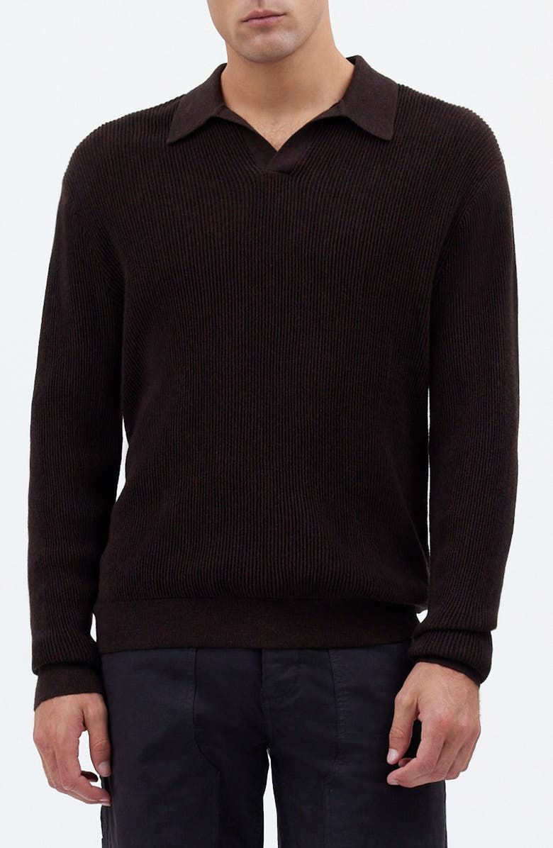 Madewell Johnny Collar Long Sleeve Merino Wool Sweater Polo, Main, color, Chocolate