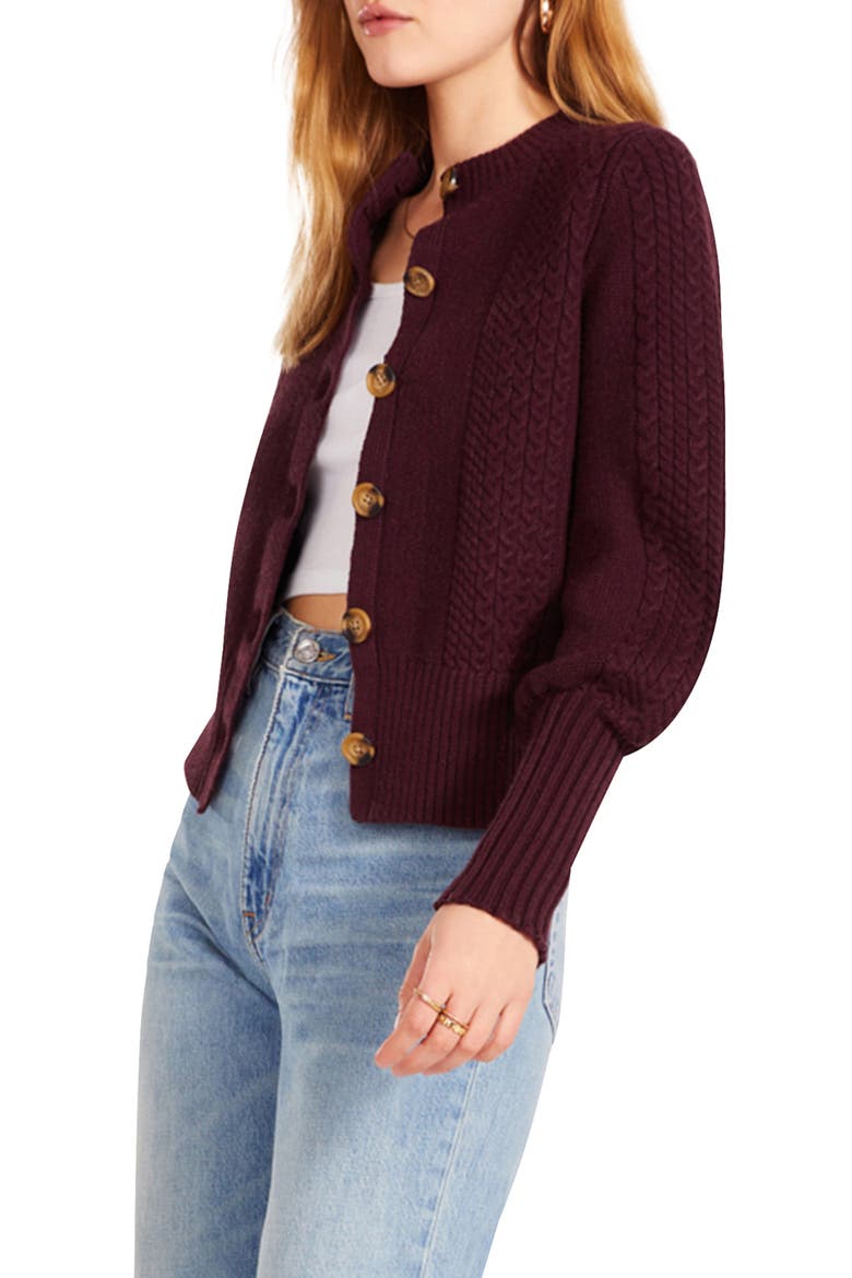 Story Time Puff Sleeve Cable Knit Cardigan, Alternate, color, PORT