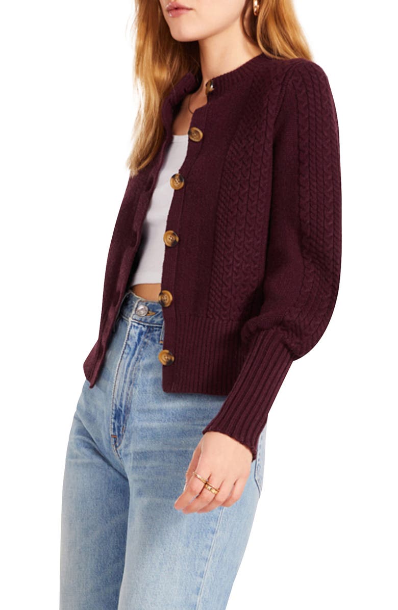 BB Dakota by Steve Madden Story Time Puff Sleeve Cable Knit Cardigan, Alternate, color,