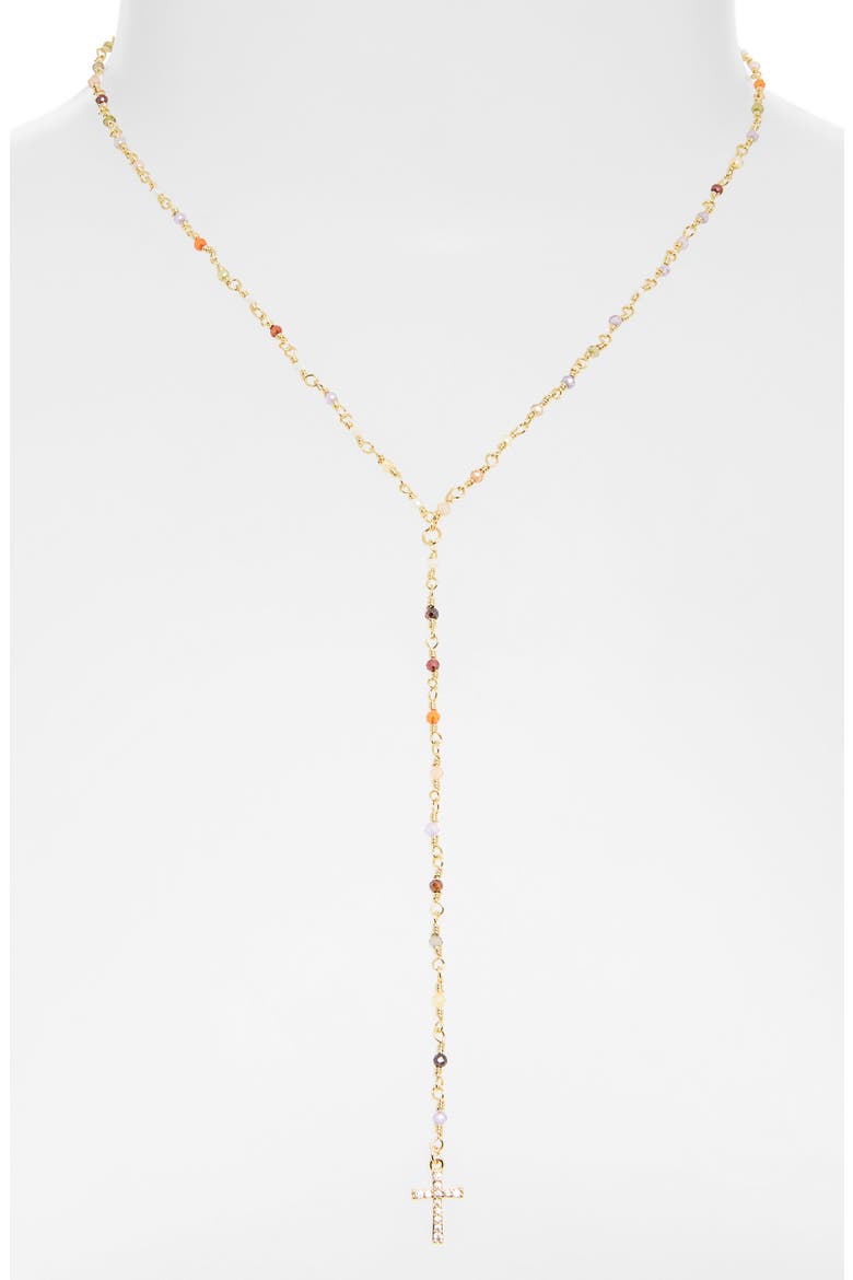 Pavé CZ Cross & Beaded Y-Necklace, Alternate, color, GOLD