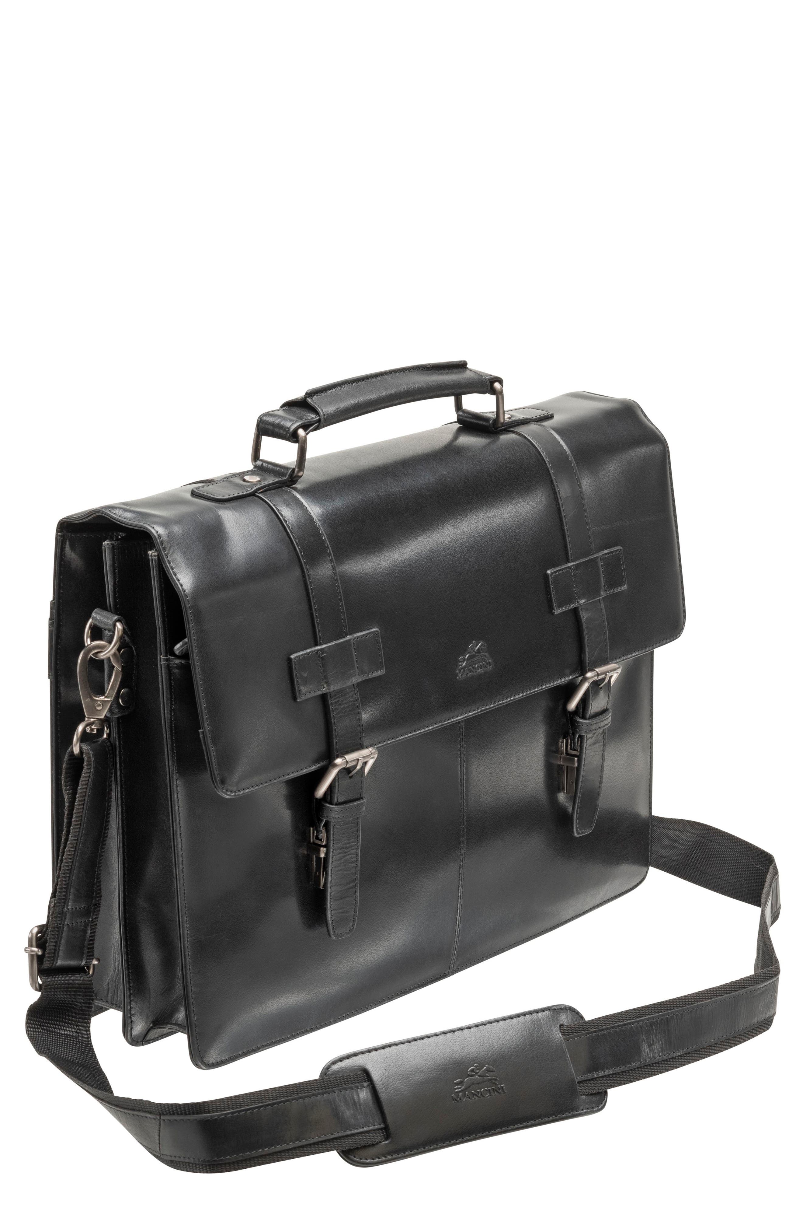 Mancini Double Compartment Flap Leather Briefcase, Main, color, Black