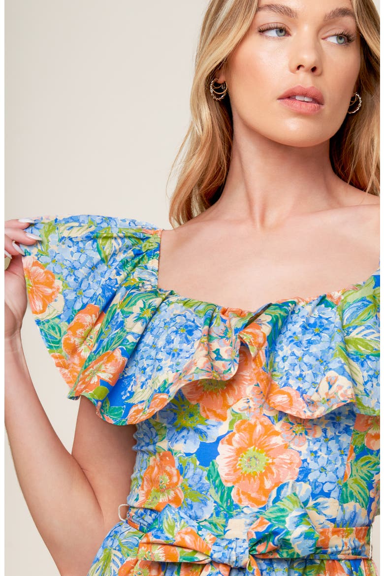 Floral Ruffle Cap Sleeve Cotton Maxi Dress, Alternate, color, CORAL/ POWDER BLUE