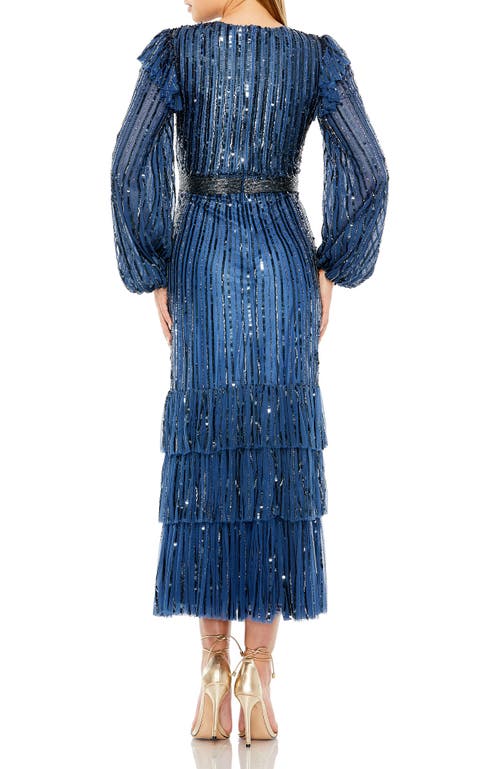Mac Duggal Long Sleeve Ruffle Detail Sequin Dress In Blue