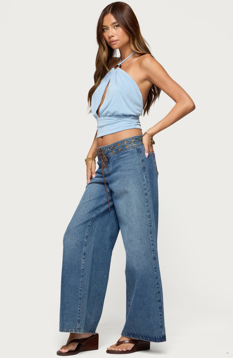 EDIKTED Khalia Cutout Open Back Crop Halter Top, Alternate, color, Light-Blue