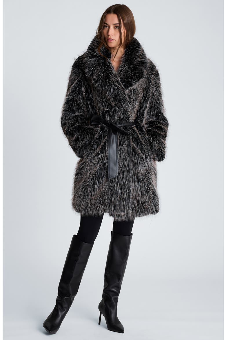 Belted Faux Fur Midi Coat, Alternate, color, BLACK MULTI