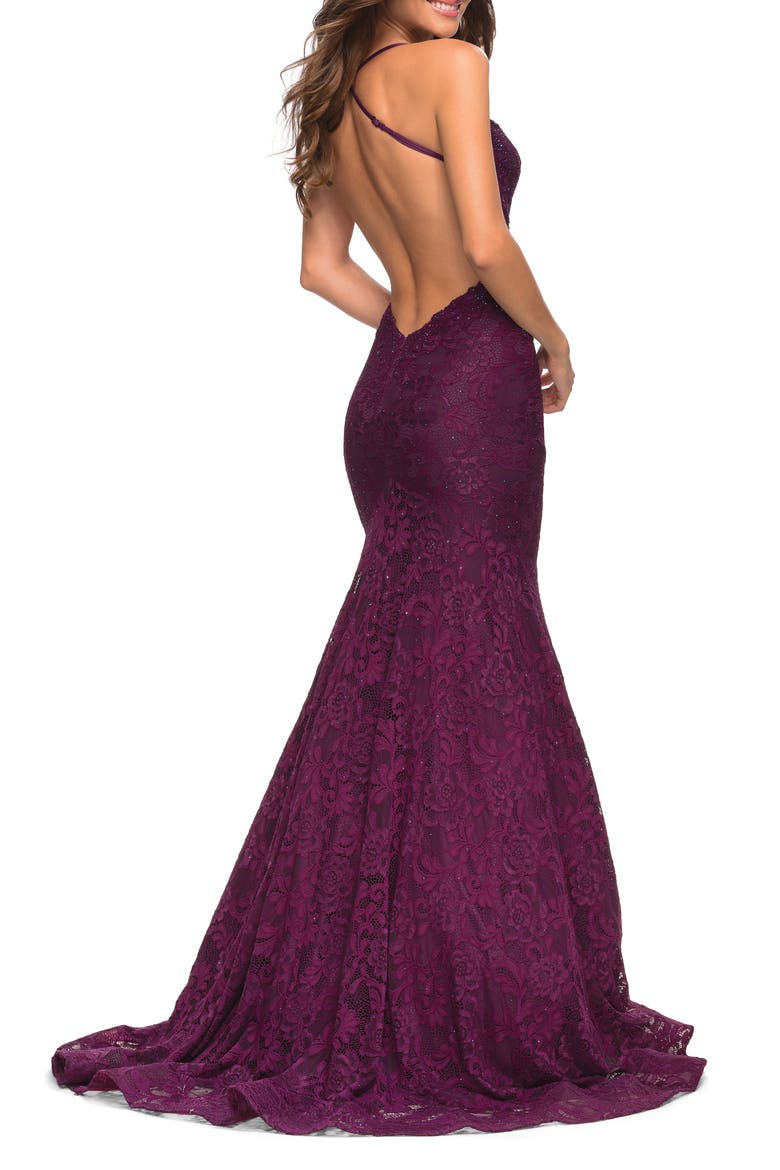 Mermaid Lace Gown with Sheer Bodice and Open Back, Alternate, color, DARK BERRY