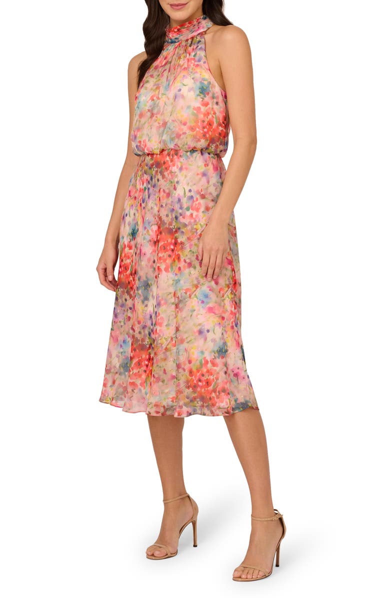 Adrianna Papell Metallic Floral Print Sleeveless Midi Dress, Main, color, 