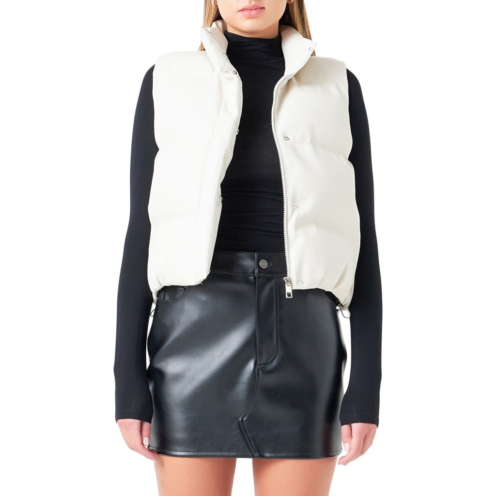 Grey Lab Faux Leather Crop Puffer Vest In Cream