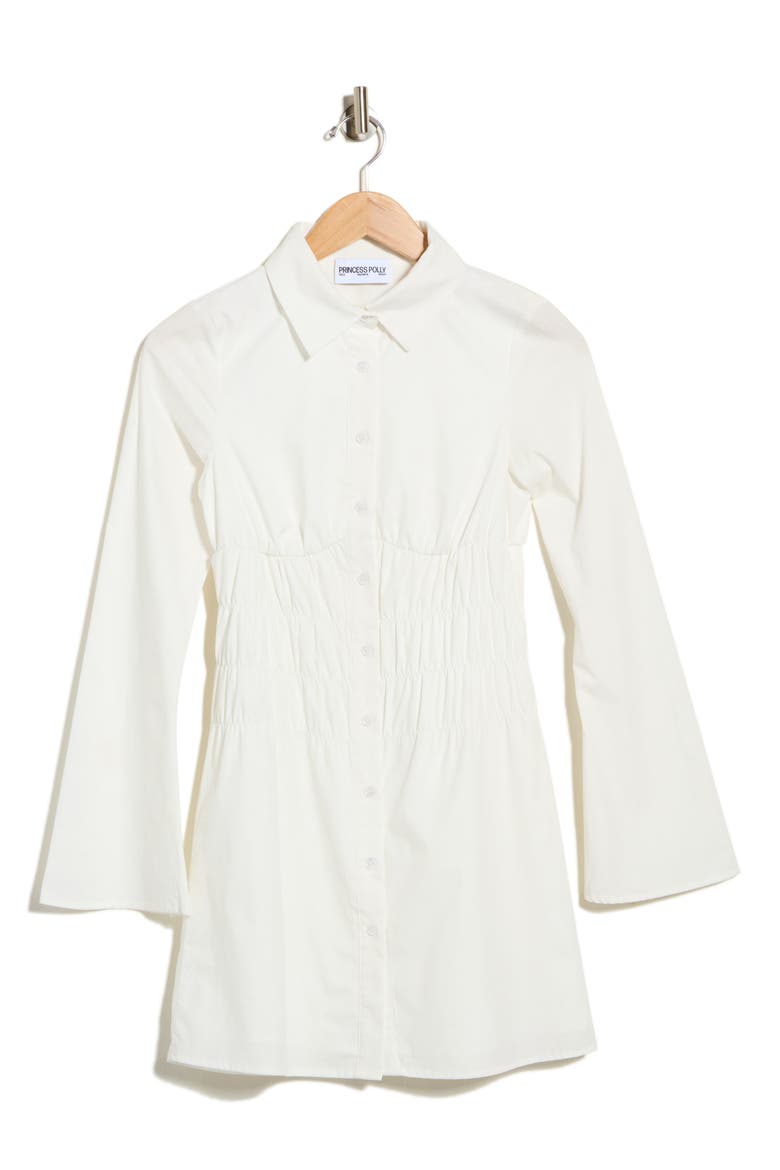Stellaria Long Sleeve Cinched Waist Mini Shirtdress, Main, color, WHITE