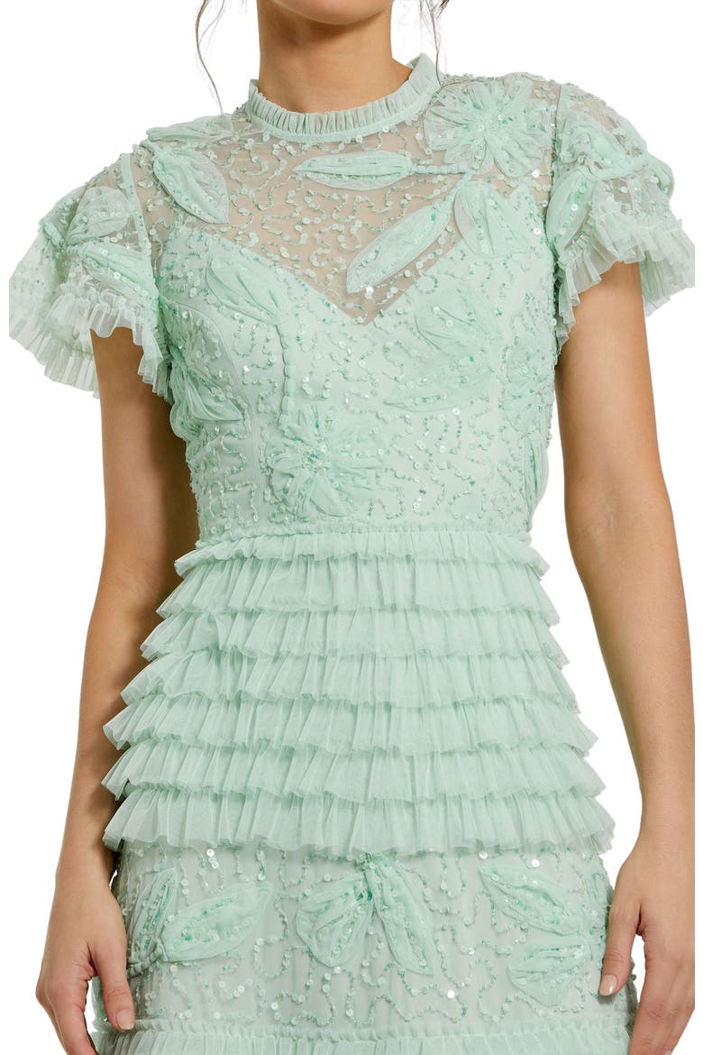 Beaded Mesh High Neck Micro Ruffle Floral Gown, Alternate, color, Sage