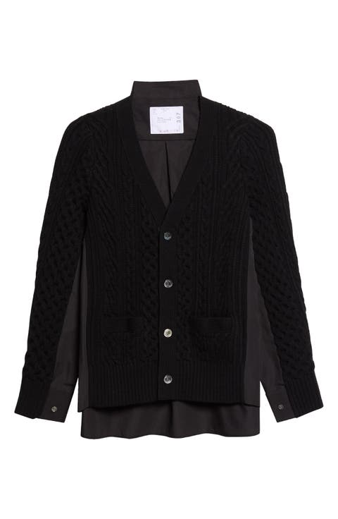 Mixed Media Wool Cable & Poplin Shirt Cardigan