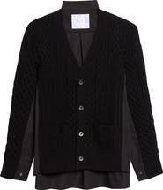 Sacai Mixed Media Wool Cable & Poplin Shirt Cardigan