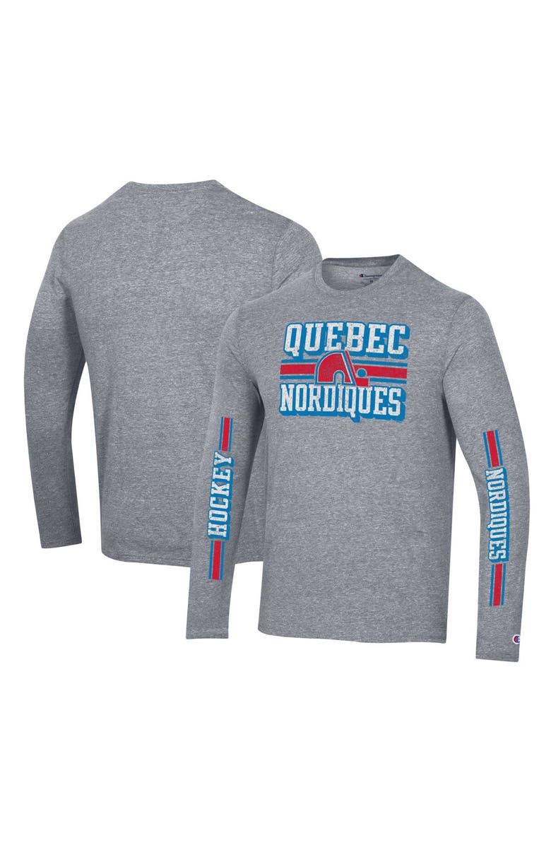 Champion Men's Champion Heather Gray Quebec Nordiques Tri-Blend Dual-Stripe Long Sleeve T-Shirt, Main, color, 