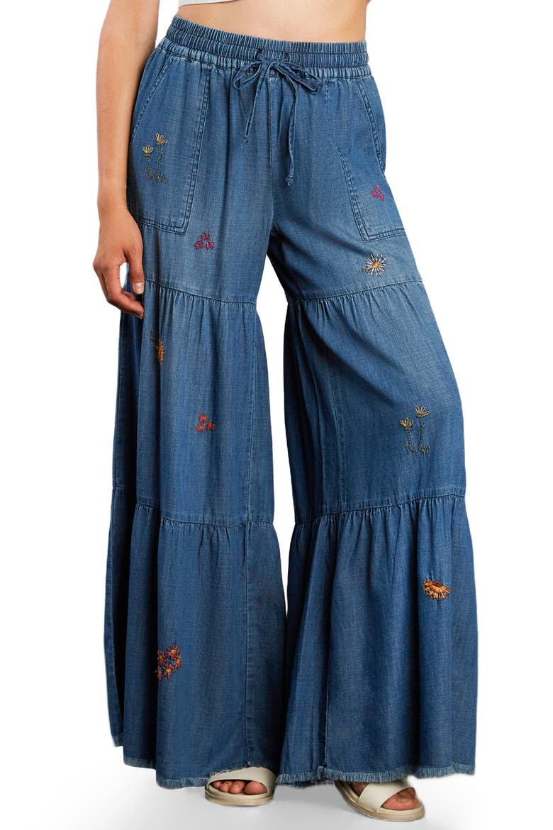 Embroidered Demim Wide Leg Pants, Main, color, FANCY DENIM