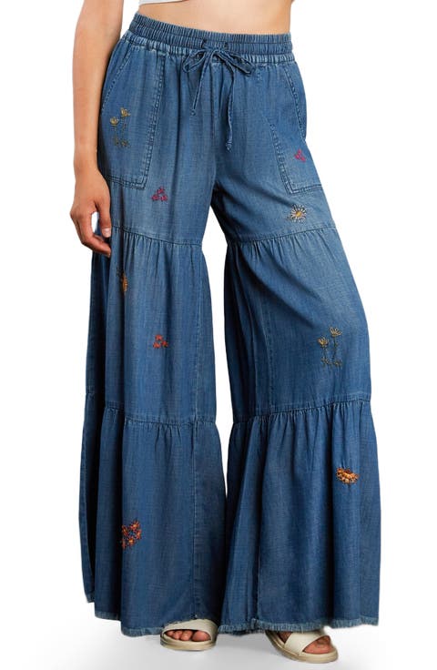 Embroidered Demim Wide Leg Pants