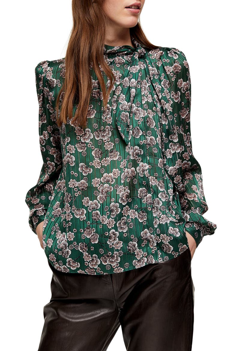 Bow Neck Floral Top, Main, color, GREEN MULTI