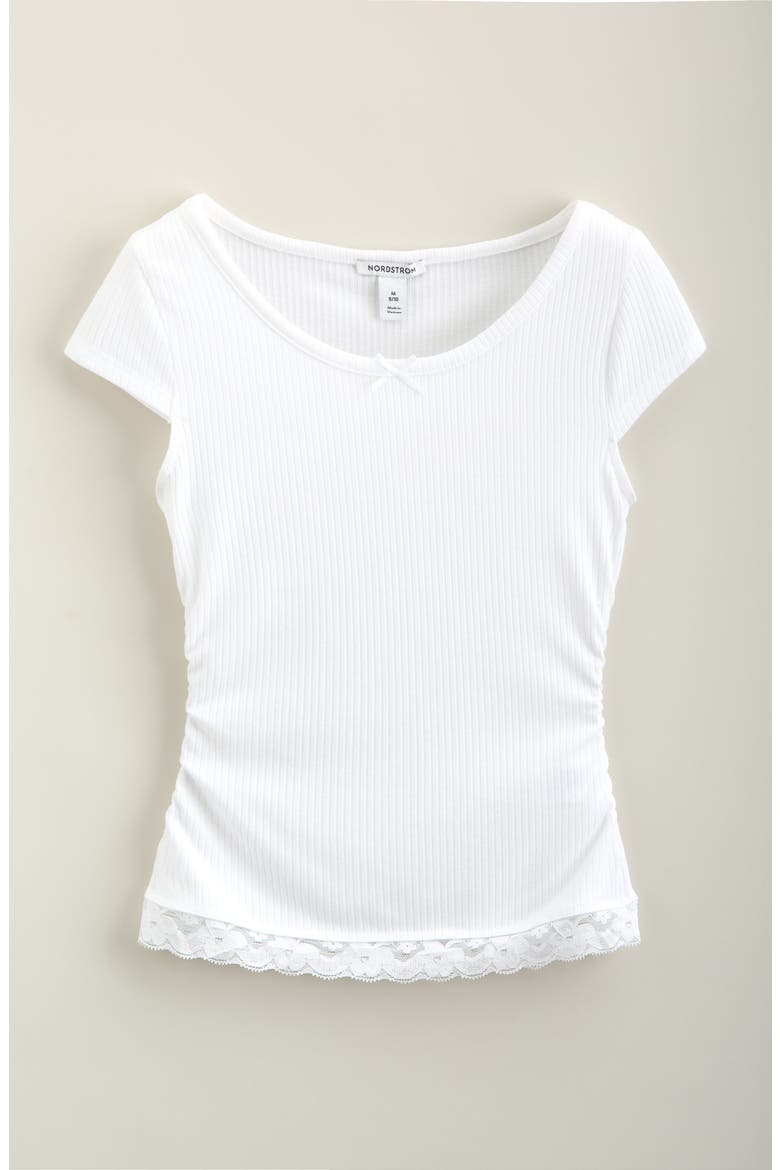 Kids' Ruched Lace Trim Tee, Main, color, WHITE