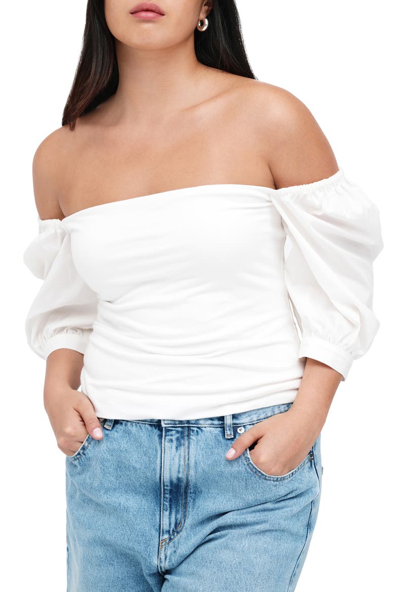 Alana Mixed Media Puff Sleeve Top, Alternate, color, OFF WHITE