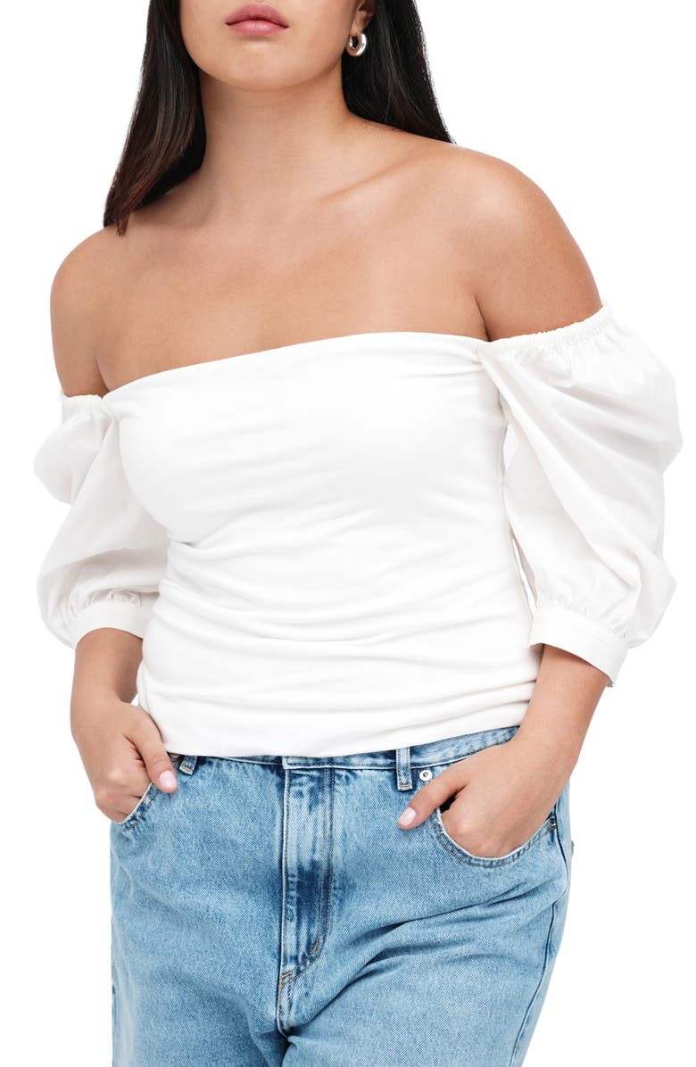 Marcella Alana Mixed Media Puff Sleeve Top, Alternate, color, Off White