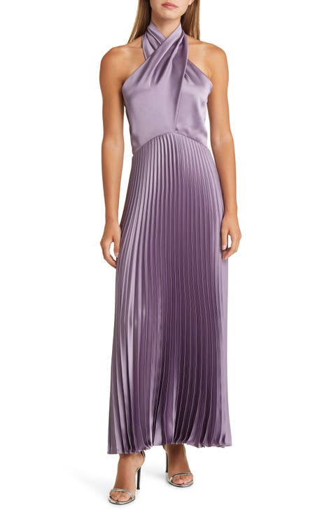 Pleat Halter Satin Gown