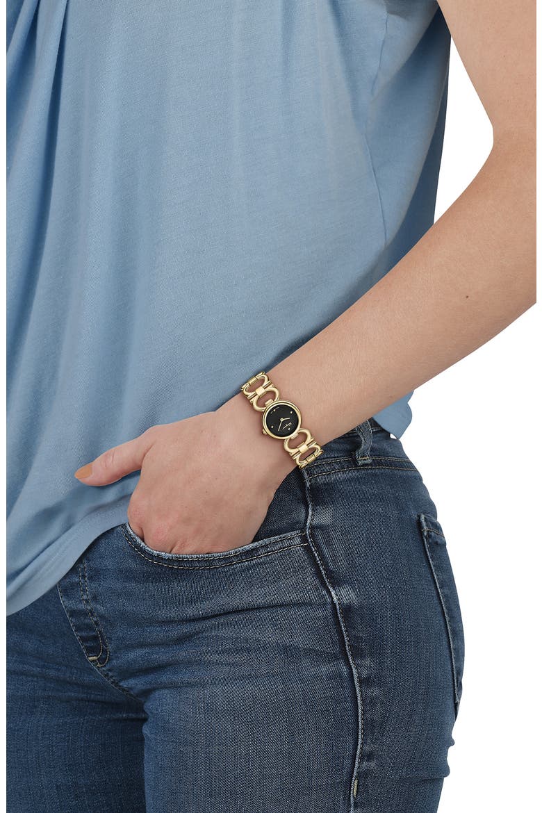 Double Gancini Bracelet Watch, 22.5mm, Alternate, color, YELLOW GOLD/BLACK