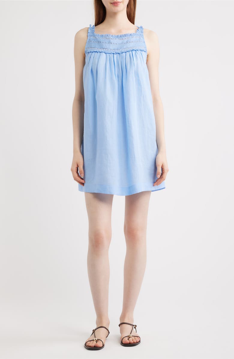 DÔEN Bea Pleat & Lace Detail Ramie Minidress, Main, color, Bluejay