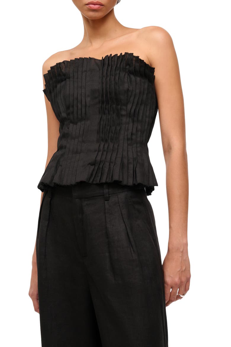 Parma Pleated Strapless Linen Top, Main, color, BLACK